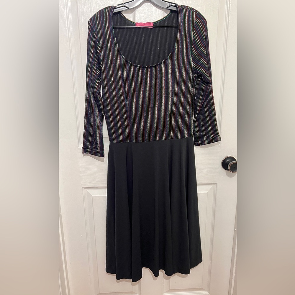 MELISSA MASSE Women’s Black Tinsel Stripe Scoop Neck Long Sleeve Dress Size XS